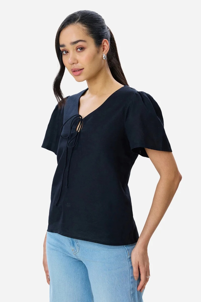 Virgio Black Solid Cotton Puff Sleeve Top for Women for Women | Best Price UAE