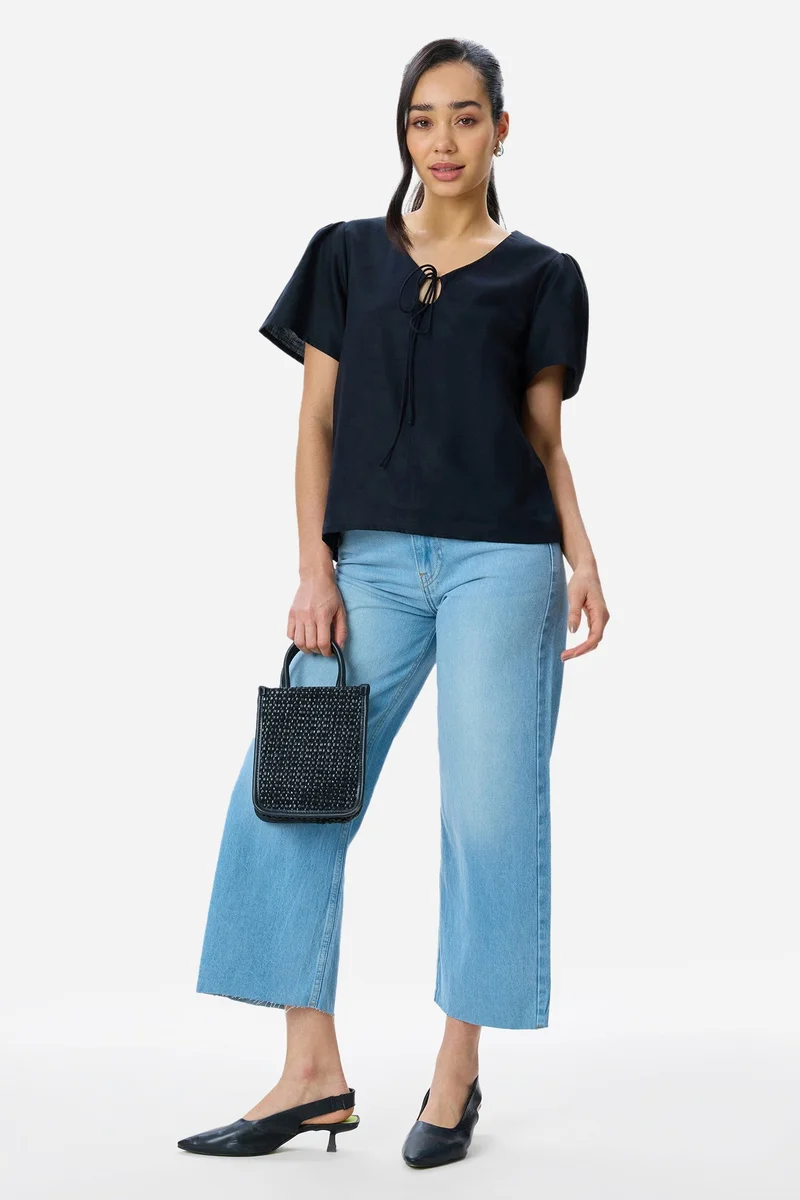 Virgio Solid Cotton Puff Sleeve Top for Women