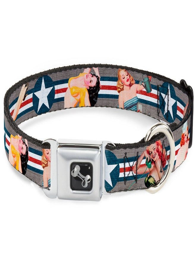 Buckle Down Dog Collar Seatbelt Buckle Pin Up Girl Poses Close Up Star Stripes Gray Blue White Red 11 to 17 Inches 1.0 Inch Wide - Image 1