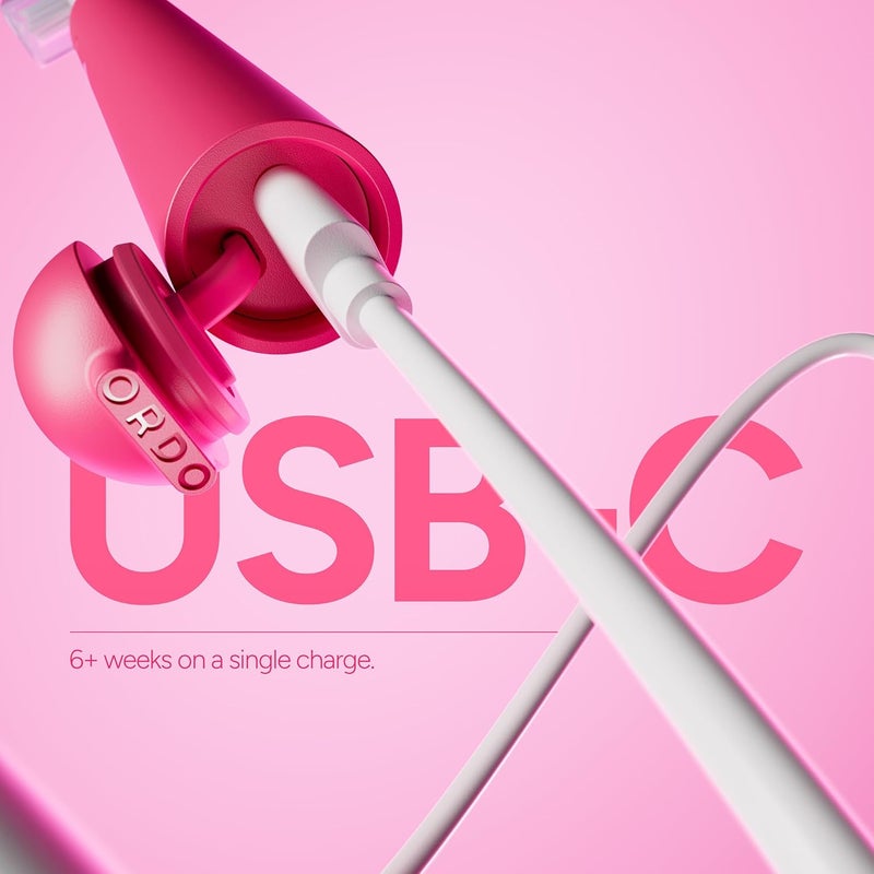 أوردو فرشاة أسنان كهربائية صوتية قابلة للشحن Sonic Edge للبالغين، فرشاة أسنان صوتية مدمجة مع USB-C، بطارية تدوم لأكثر من 6 أسابيع، غطاء سفر، رأس فرشاة واحد وكابل (وردي الجنة) - Image 5