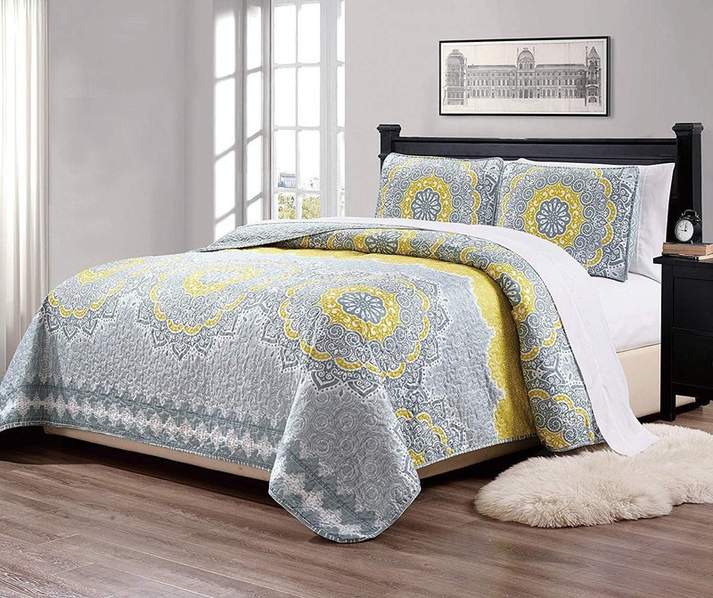 King/California King 3pc Over Size Quilted Bedspread Floral Medallion Yellow Coastal Plain/Gray Green New