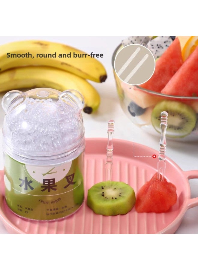 Fruit Sign Bottled Bag Disposable Fruit Fork Plastic Food Grade Eating Fruit Fork Cake Dessert Fork Small Fork-Color:100 Pieces + Cartoon Panda Storage Jar  - Image 3