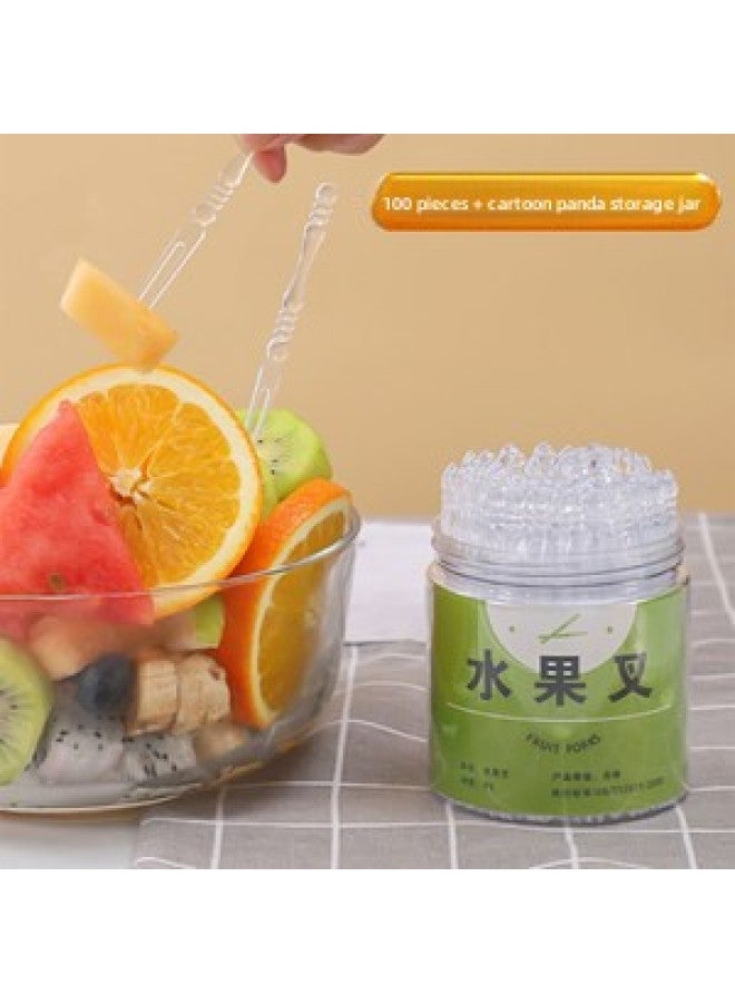 Fruit Sign Bottled Bag Disposable Fruit Fork Plastic Food Grade Eating Fruit Fork Cake Dessert Fork Small Fork-Color:100 Pieces + Cartoon Panda Storage Jar  - Image 1