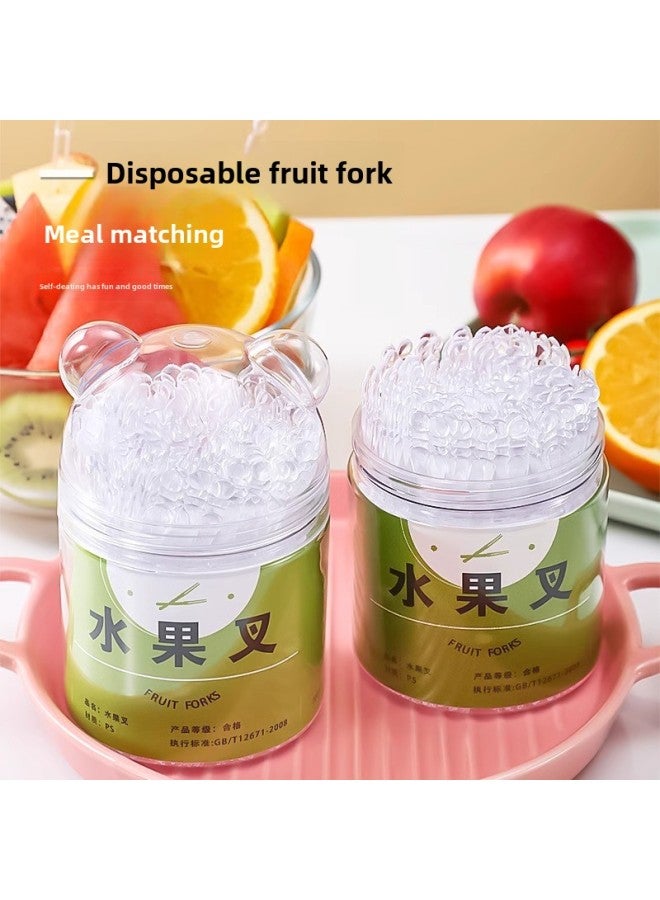 Fruit Sign Bottled Bag Disposable Fruit Fork Plastic Food Grade Eating Fruit Fork Cake Dessert Fork Small Fork-Color:100 Pieces + Cartoon Panda Storage Jar  - Image 2
