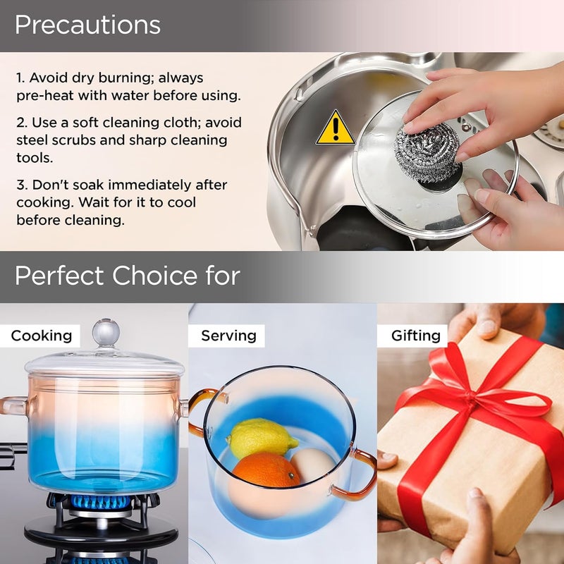 Homestic Borosilicate Glass 1.4L Saucepan with Lid & Handle | Induction Pan Cookware | Handi for Cooking | Microwave Safe | Cooktop for Tea/Milk/Pasta/Noodles/Rice | Blue - Image 4