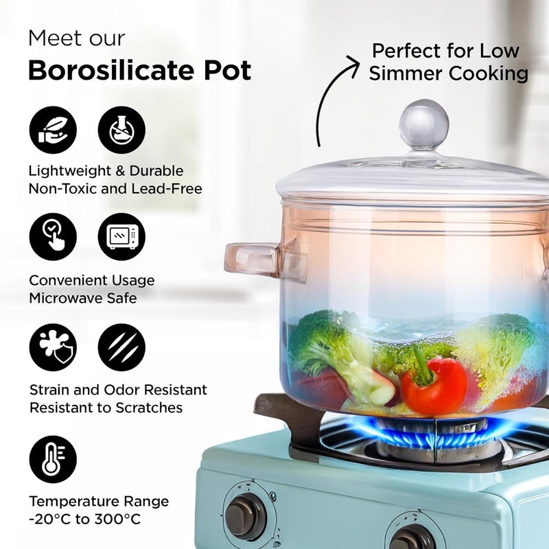 Homestic Borosilicate Glass 1.4L Saucepan with Lid & Handle | Induction Pan Cookware | Handi for Cooking | Microwave Safe | Cooktop for Tea/Milk/Pasta/Noodles/Rice | Blue - Image 2