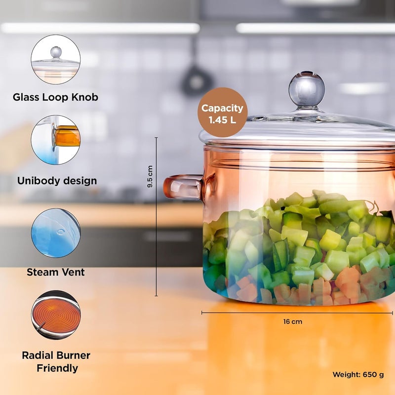 Homestic Borosilicate Glass 1.4L Saucepan with Lid & Handle | Induction Pan Cookware | Handi for Cooking | Microwave Safe | Cooktop for Tea/Milk/Pasta/Noodles/Rice | Blue - Image 3