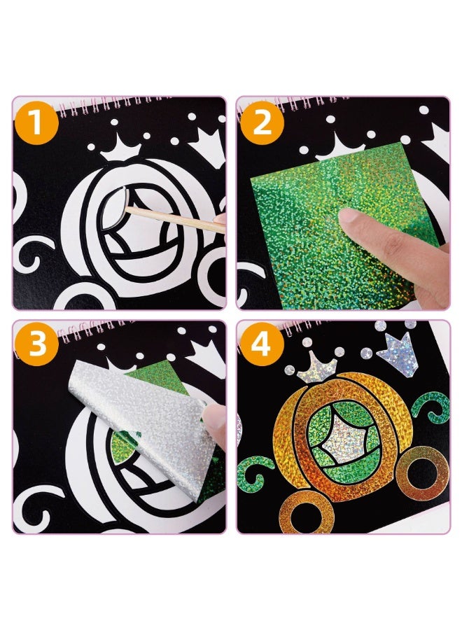 Capstro Foil Art Craft Sticker Book – Princess Magical Art Picture Booklet | 16 Foil & 16 Coloring Pages + 80 Foil Sheets & Bamboo Stick | DIY Glitter Foil Art Book for Kids Age 3+ | Creative Craft Gift for Girls - Image 4