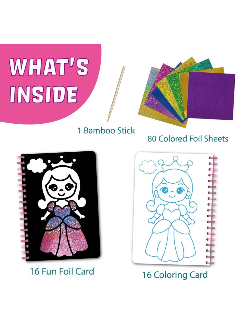 Capstro Foil Art Craft Sticker Book – Princess Magical Art Picture Booklet | 16 Foil & 16 Coloring Pages + 80 Foil Sheets & Bamboo Stick | DIY Glitter Foil Art Book for Kids Age 3+ | Creative Craft Gift for Girls - Image 2
