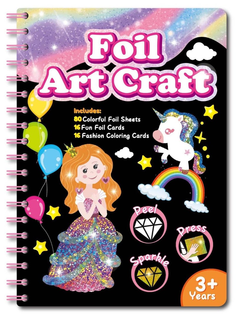 Capstro Foil Art Craft Sticker Book – Princess Magical Art Picture Booklet | 16 Foil & 16 Coloring Pages + 80 Foil Sheets & Bamboo Stick | DIY Glitter Foil Art Book for Kids Age 3+ | Creative Craft Gift for Girls - Image 1
