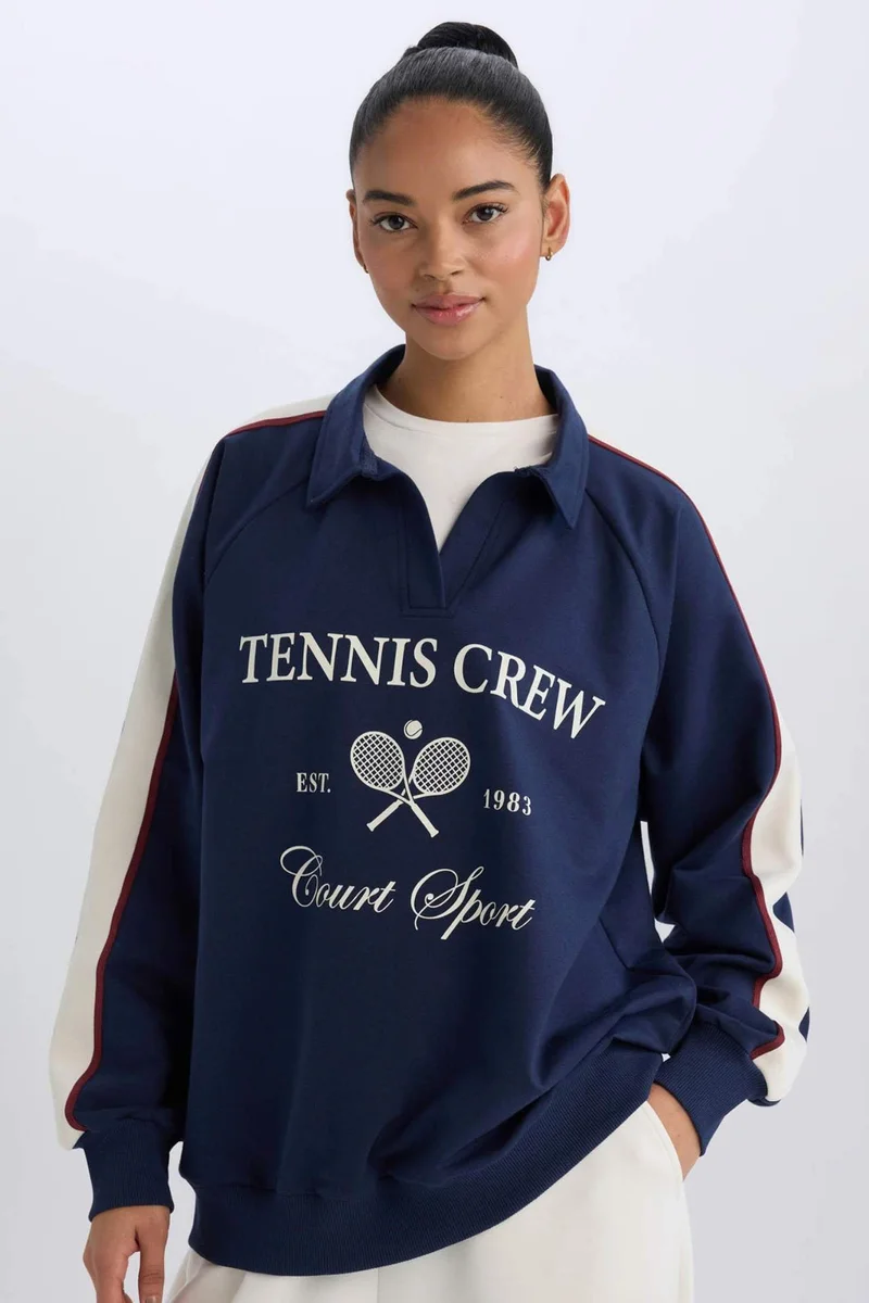 DeFacto DeFactoFit Oversize Polo Neck Printed Sports Sweatshirt