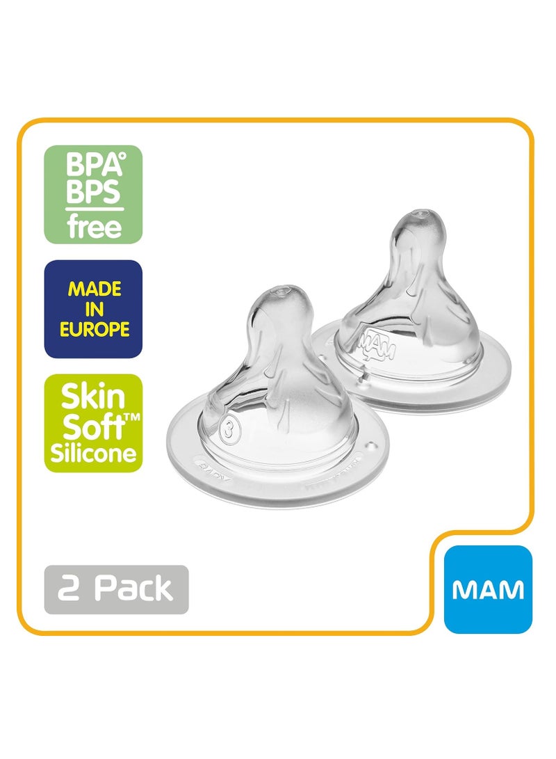 مام حلمات زجاجة MAM حلمة التدفق السريع المستوى 3 (مجموعة من 2) لمدة 4 أشهر فما فوق، حلمات سيليكون ناعمة لزجاجات الأطفال تناسب جميع زجاجات MAM - Image 2