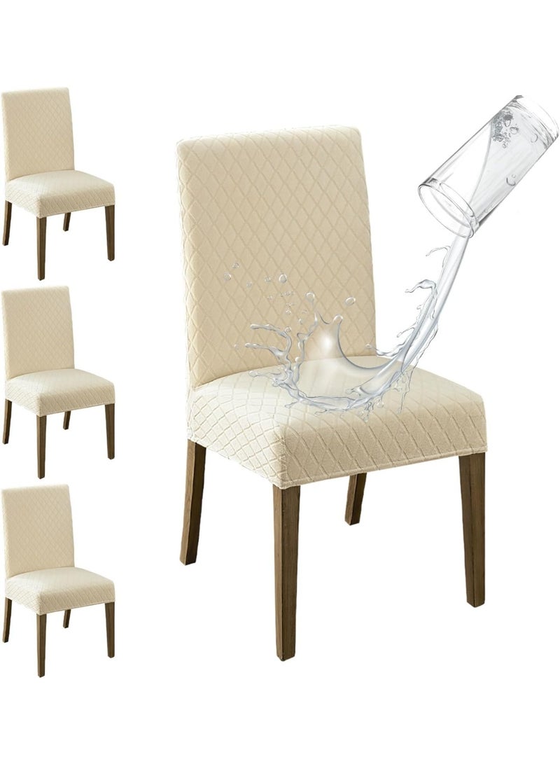 Waterproof Dining Chair Covers Set of 4, Beige Stretch Jacquard Parson Chair Slipcovers - Image 1
