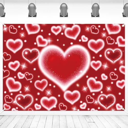 Kreyfer 7 x 5 FT Red Heart Valentine’s Day Backdrop – Romantic Sparkling Heart Photography Background for Wedding, Engagement, Birthday, and Love-Themed Party Decorations - Image 1