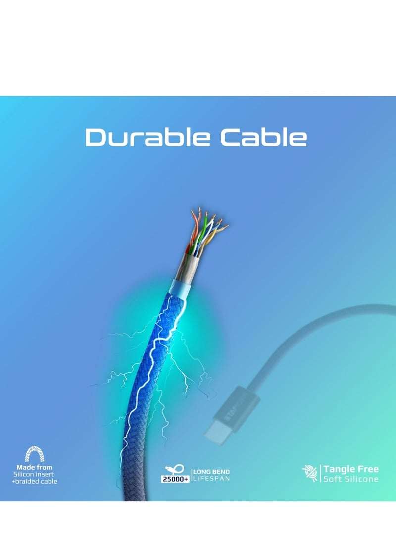 بروميت USB-C to USB-C Cable, Premium 60W Power Delivery Fast Charging Cable with 480Mbps Data Sync and 200cm Anti-Tangle Nylon Braided Cord for iPhone 16, Galaxy S25, iPad Air, Dell XPS 17, EcoLine-CC201 - Navy - Image 5