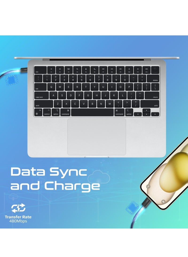 بروميت USB-C to USB-C Cable, Premium 60W Power Delivery Fast Charging Cable with 480Mbps Data Sync and 200cm Anti-Tangle Nylon Braided Cord for iPhone 16, Galaxy S25, iPad Air, Dell XPS 17, EcoLine-CC201 - Navy - Image 4