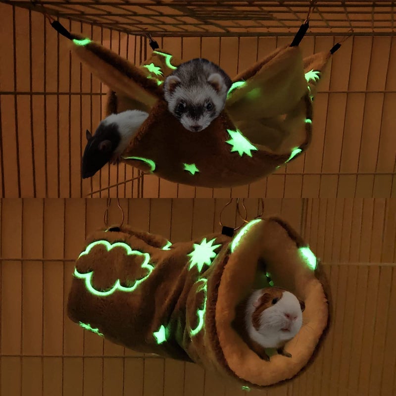 LEFTSTARER Noctilucent Luminous Guinea Pig Rat Hammock Bunkbed Hanging Tunnel and Soft Bed Mat for Ferret Hedgehog Squirrel Hideout Cage Accessories (1.Tunnel and Bunkbed Hammock) - Image 1
