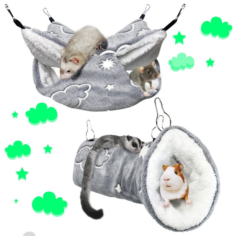 LEFTSTARER Noctilucent Luminous Guinea Pig Rat Hammock Bunkbed Hanging Tunnel and Soft Bed Mat for Ferret Hedgehog Squirrel Hideout Cage Accessories (1.Tunnel and Bunkbed Hammock) - Image 2