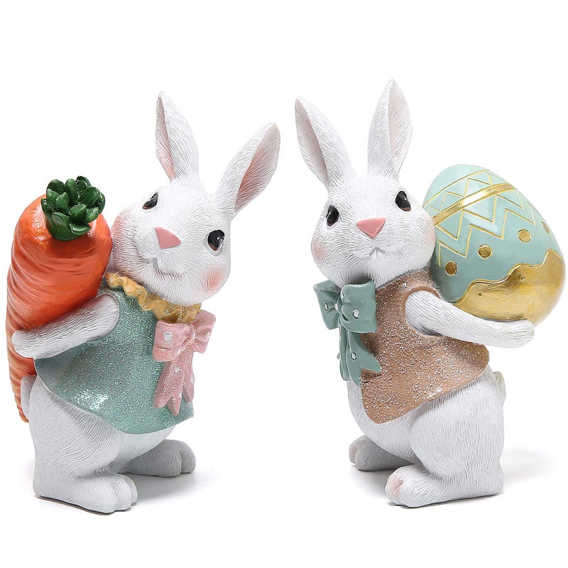 Hodao 5.5 Inch Polyresin Bunny Decorations Spring Easter Decors Figurines Tabletopper Decorations for Party Home Holiday Cute Rabbit Easter Gifts (Orange Blue) - Image 1