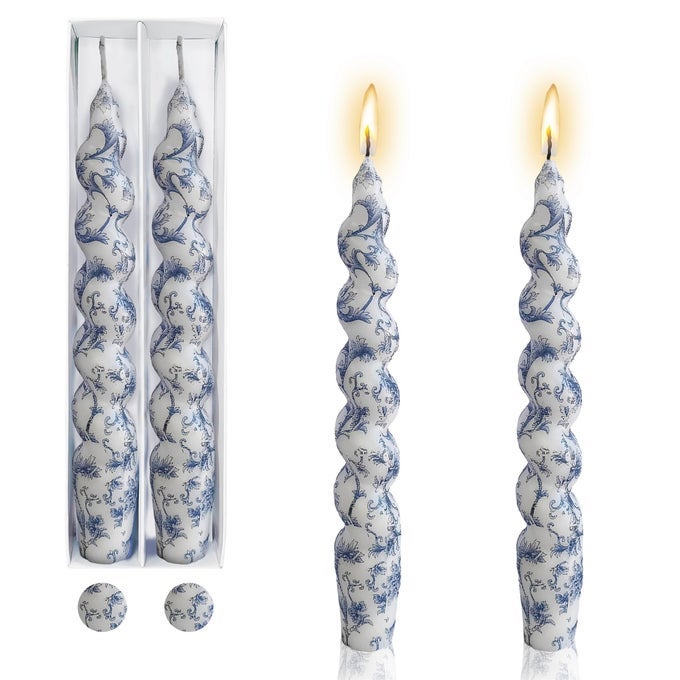 SPIRAL CANDLE STICKS PRINTED CANDLESTICKSET OF 2 SHORT TAPER CANDLE COLORFUL TWISTED CANDLESTICKS 7 INCHES BLUE FLOWER TAPERED CANDLES FOR HOME WEDDING WOMEN GIFTS 2D2TBLUFLW