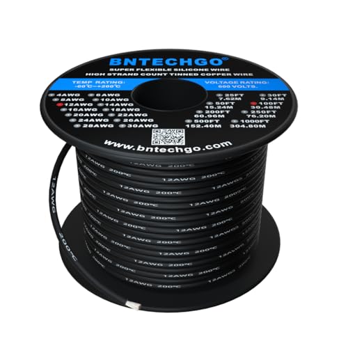 BNTECHGO 12 Gauge Silicone Wire Spool 100 ft Black Flexible 12 AWG Stranded Tinned Copper Wire - Image 1
