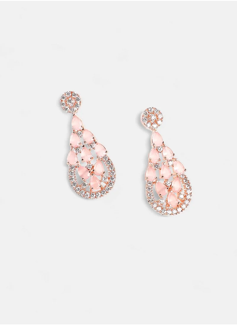SOHI Pink & White AD-Studded Contemporary Drop Earrings