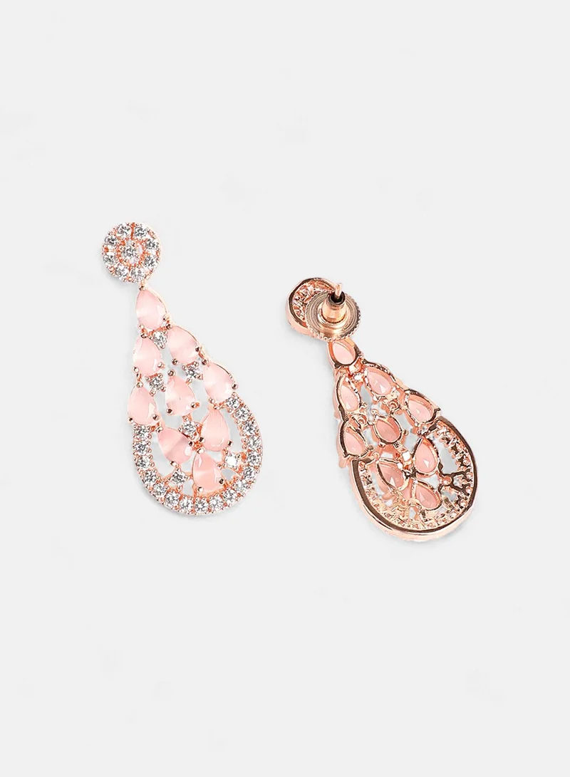 SOHI Pink & White AD-Studded Contemporary Artificial Drop Earring Jewellery