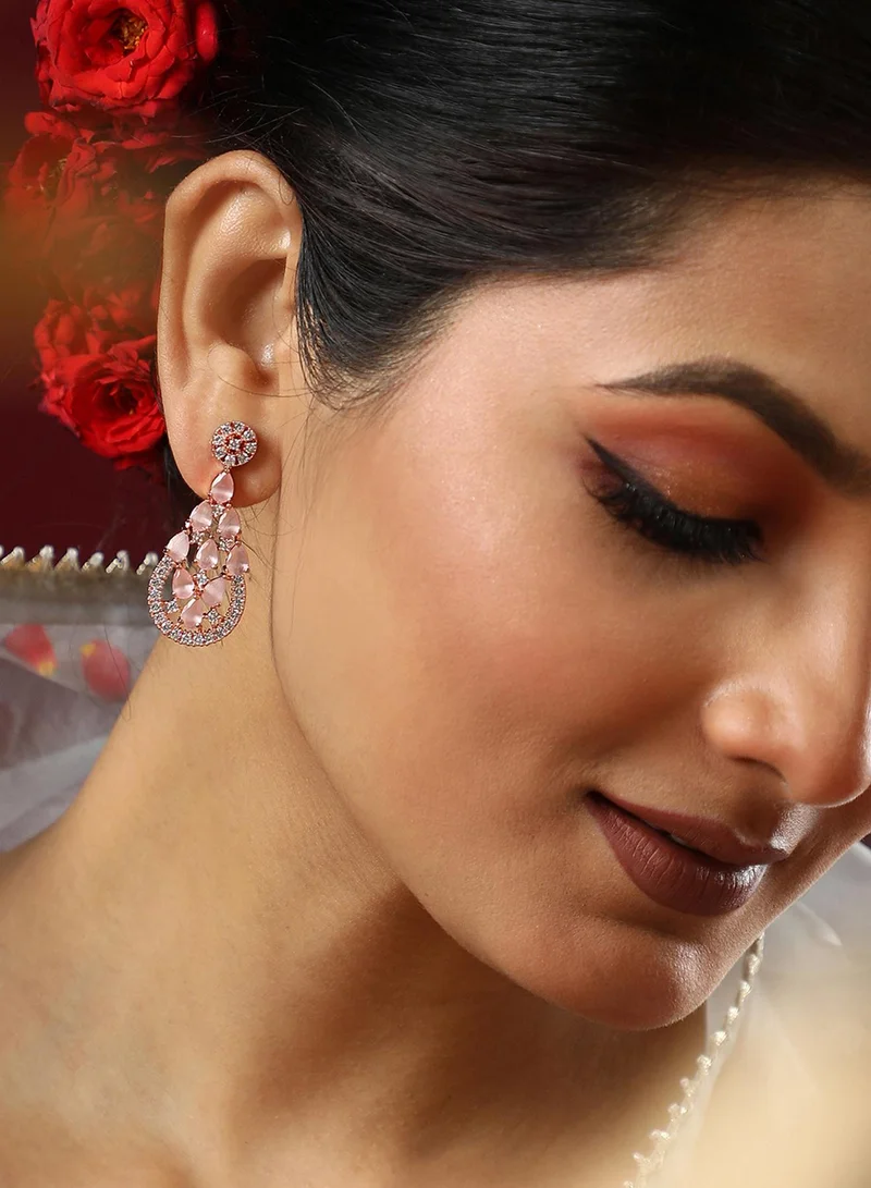 SOHI Pink & White AD-Studded Contemporary Artificial Drop Earring Jewellery