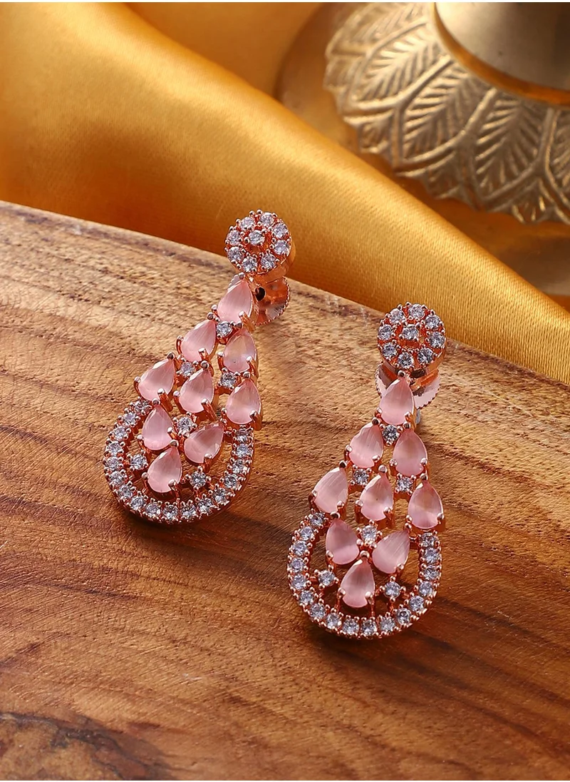 SOHI Pink & White AD-Studded Contemporary Drop Earrings