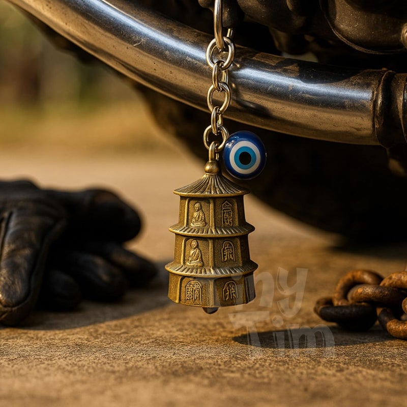 Tiny Tim Store Guardian Bell with Evil Eye Charm – Protective Motorcycle & Car Accessory – Tibetan-Inspired Design – Wards Off Negative Energy – Ideal Gift for Bikers & Travelers - Image 3