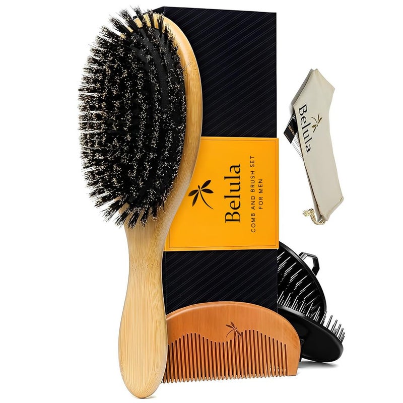 Belula Boar Bristle Hair Brush Set for Men  Soft Mens Hair Brush for Thin Normal  Short Hair  Includes Wooden Comb 2 Palm Brushes  Travel Bag  Best Hair Brushes for Men
