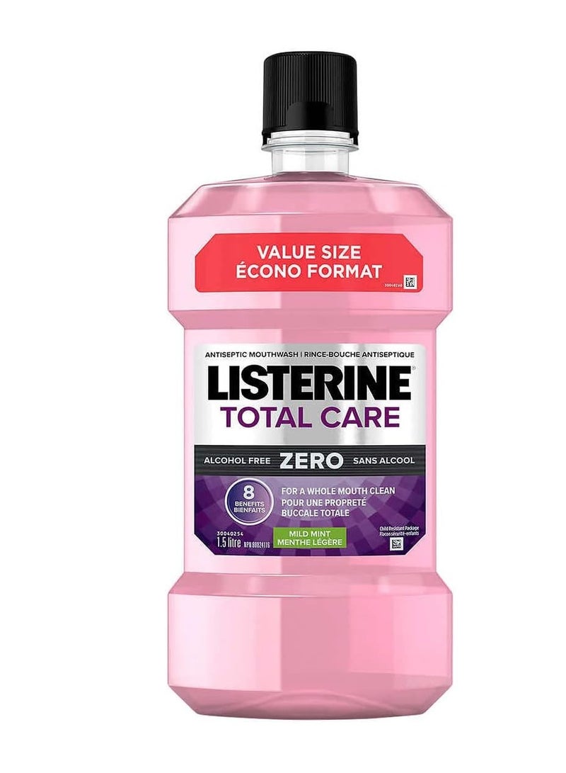 Listerine Total Care Zero Alcohol-Free Antiseptic Mouthwash, Mild Mint, Helps Prevent Cavities, Strengthens Enamel & Freshens Breath, 8 Benefits, For A Whole Mouth Clean - 1.5L - Image 1