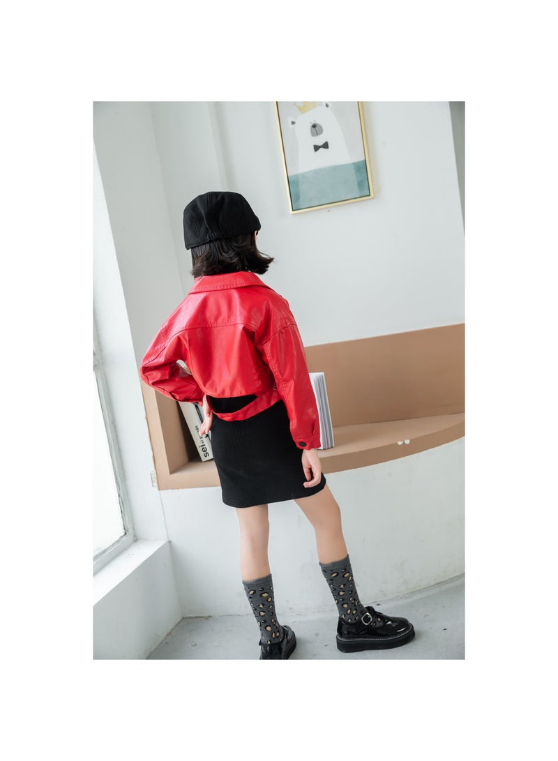 Girl's Fashionable Faux Leather Long Sleeved Jacket with Short Pockets Children's Jacket Party Birthday Party Daily Baby's Clothing2-10years  - Image 5