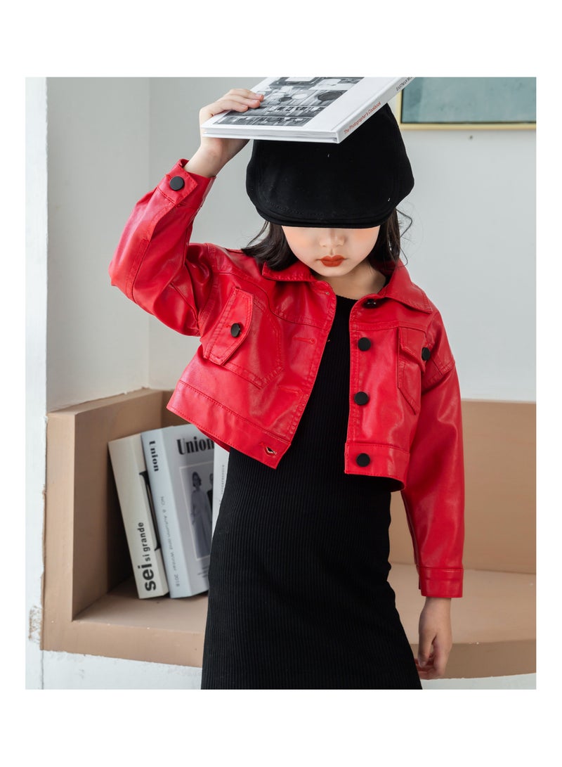 Girl's Fashionable Faux Leather Long Sleeved Jacket with Short Pockets Children's Jacket Party Birthday Party Daily Baby's Clothing2-10years  - Image 3