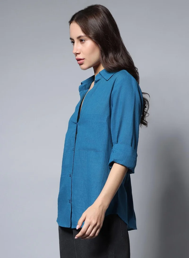 HIGH STAR Oversized Casual Shirt for Women - Blue Cotton