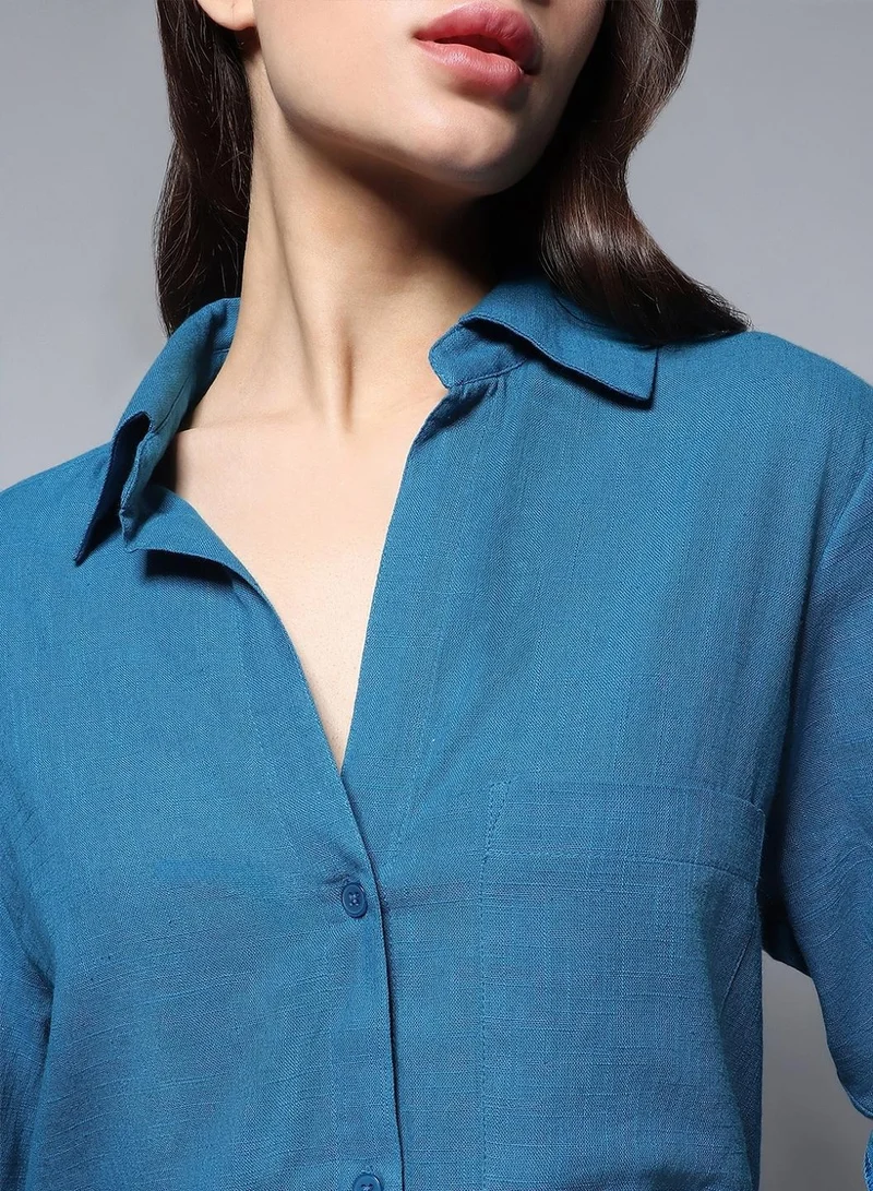 HIGH STAR Oversized Casual Shirt for Women - Blue Cotton