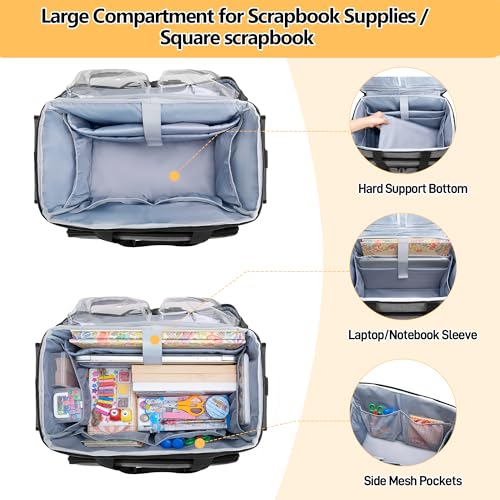 Trunab Rolling Scrapbook Tote with Expandable File Pocket, Large Craft Organizer and Storage Bag with Detachable Trolley and Bottom Support Panel for Scrapbooking Supplies and Art Tools, Grey - Image 2