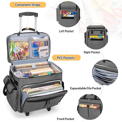 Trunab Rolling Scrapbook Tote with Expandable File Pocket, Large Craft Organizer and Storage Bag with Detachable Trolley and Bottom Support Panel for Scrapbooking Supplies and Art Tools, Grey - Image 3