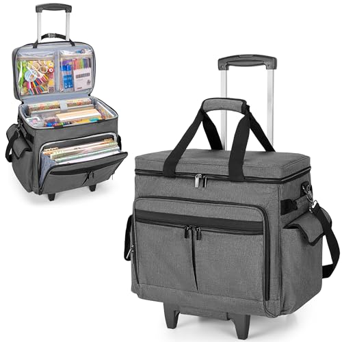 Trunab Rolling Scrapbook Tote with Expandable File Pocket, Large Craft Organizer and Storage Bag with Detachable Trolley and Bottom Support Panel for Scrapbooking Supplies and Art Tools, Grey - Image 1