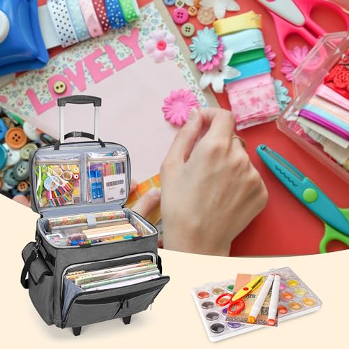 Trunab Rolling Scrapbook Tote with Expandable File Pocket, Large Craft Organizer and Storage Bag with Detachable Trolley and Bottom Support Panel for Scrapbooking Supplies and Art Tools, Grey - Image 4