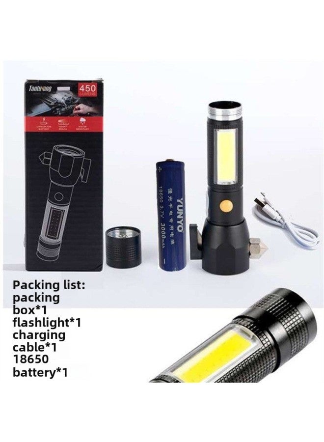 Safety Hammer Ten In One Multi-function Flashlight Car Self-rescue Broken Window Hammer Fire Emergency Outdoor Strong Flashlight-Color:Black Safety Hammer Flashlight (18650 Battery)  - Image 1