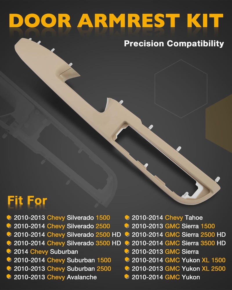Gledewen Front Driver Armrest Repair Kit, Compatible with 2010-2014 Chevy Silverado Suburban Tahoe Avalanche, GMC Yukon Sierra 1500 2500 3500, with Door Release Handle Above Armrest (27 inch), OE# 926740 (Tan) - Image 2
