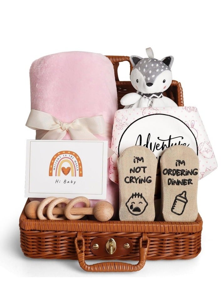 Newborn Gift Sets - Baby Gift Basket for Girls Boys, Unique Baby Shower Gifts Basket Essential Stuff with Baby Lovey Blanket Newborn Bibs Socks Wooden Rattle & Greeting Card (Infant Pink) - Image 1