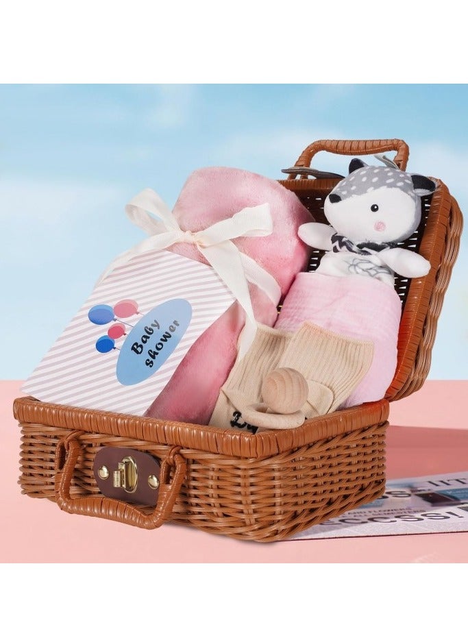 Newborn Gift Sets - Baby Gift Basket for Girls Boys, Unique Baby Shower Gifts Basket Essential Stuff with Baby Lovey Blanket Newborn Bibs Socks Wooden Rattle & Greeting Card (Infant Pink) - Image 2