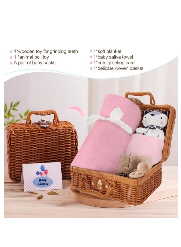 Newborn Gift Sets - Baby Gift Basket for Girls Boys, Unique Baby Shower Gifts Basket Essential Stuff with Baby Lovey Blanket Newborn Bibs Socks Wooden Rattle & Greeting Card (Infant Pink) - Image 3