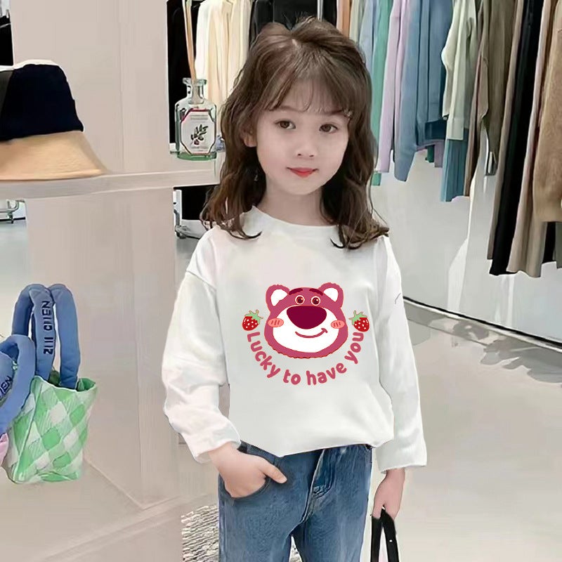 H2335# girls long sleeve T-shirt autumn Korean style children's strawberry bear bottoming shirt spring and autumn children's clothing top T-shirt - Image 3