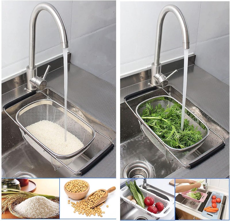 Vensikal Sink Basket Stainless Steel Oval Colander Rubber Grip Handle Fine Mesh Strainer Baskets Kitchen Over The Sink Colander for Strain Drain Rinse Vegetables Fruits 1 Pc Silver - Image 3