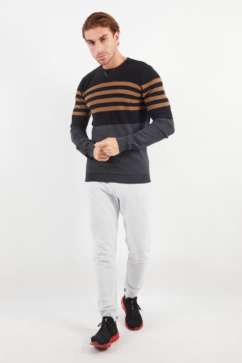 Men Crew Neck Stripe Sweater, Black Combo