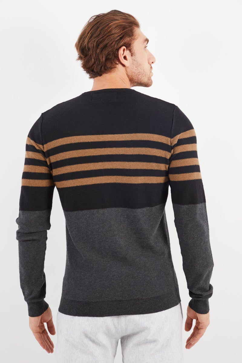 Men Crew Neck Stripe Sweater, Black Combo