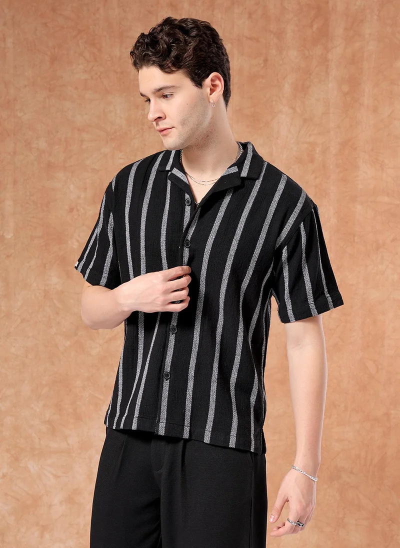 The Indian Garage Co Men Relaxed Fit Striped Half Sleeves Cuban Collar Resort Wear Shirt